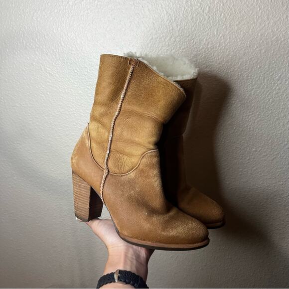 Ugg Charlee Suede Sherpa lined foldover heeled boots in chestnut 6 - Picture 2 of 10